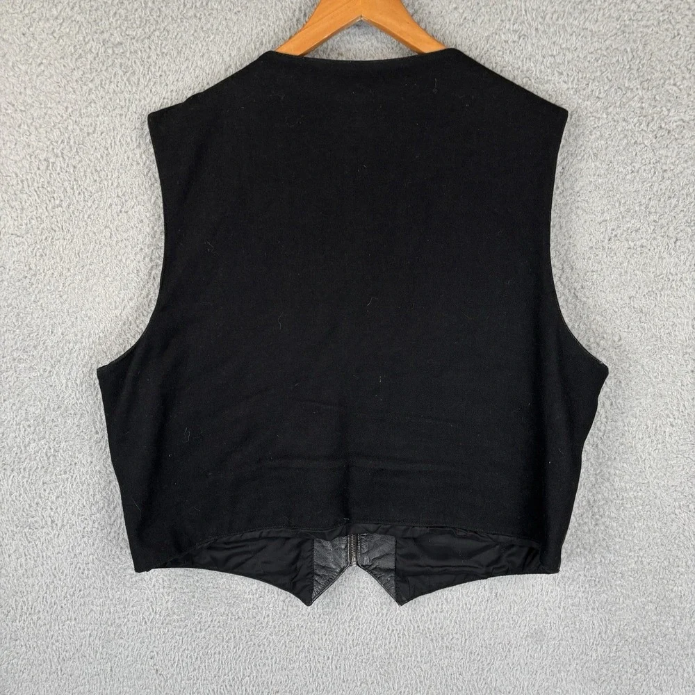 Vintage Leather Wool Vest Mens XL Black Full Zip Waistcoat Zip‎ Pockets 90s